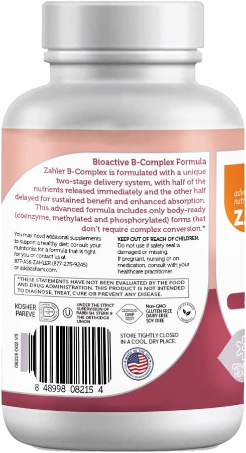 Zahler B Complex - 60 Tablets with all 8 Bioactive B Vitamins, Time Release Two Stage Delivery System, Certified Kosher