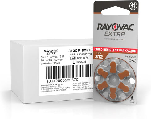 Rayovac 312. 1.45v. (60 Extra hearing aid batteries size Long-lasting mercury-free zinc-air hearing aid batteries