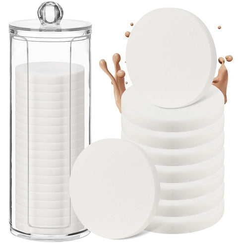 20 Pcs White Makeup Sponge with Acrylic Container, Round Powder Puff Cosmetic Blender for Wet and Dry Dual Use