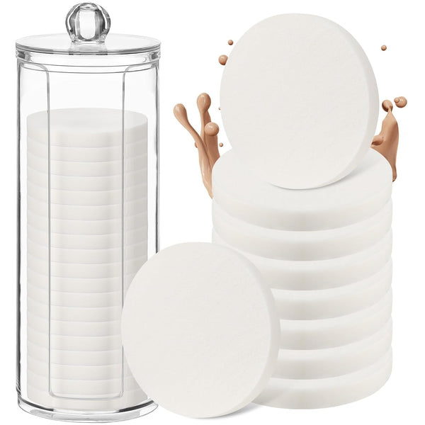 20 Pcs White Makeup Sponge with Acrylic Container, Round Powder Puff Cosmetic Blender for Wet and Dry Dual Use