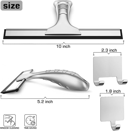 All-Purpose Stainless Steel Shower Squeegee, 10 Inch with 2 Adhesive Hooks for Bathroom, Window, Mirror Cleaning
