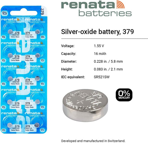 Renata 379 SR521SW Batteries - 1.55V Silver Oxide 379 Watch Battery (10 Count)