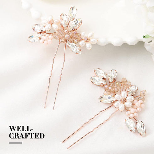 Unicra Bride Wedding Hair Pins Bridal Flower Hair Pieces Crystal Hair Accessories Pearl Party Hair Clips Rhinestone Hair Jewelry Bead Headpiece for Women and Girls (Pack of 2) (Rose Gold)