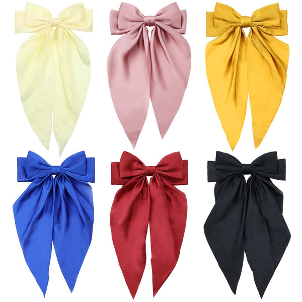 Lawie 6 Pack Oversized Satin Hair Bows for Women - Giant Bow Hair Clips with Long Silky Ribbon Tail