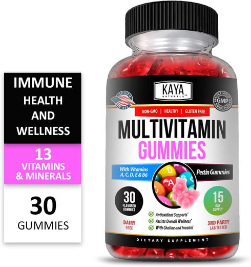 Kaya Naturals Adult Multi Vitamin Gummy, Strawberry Flavor, Biotin, Vitamins A, C, E, Zinc, B-12, 60 Gummies