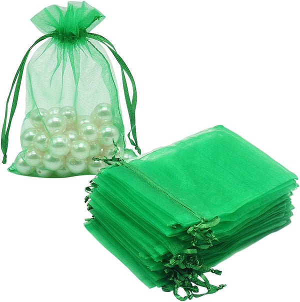 HRX Package 100pcs Organza Drawstring Bags, Green, 4 x 6 inch Candy Mesh Gift Pouches