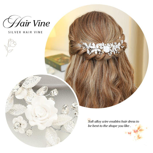 Unicra Silver Flower Bride Wedding Hair Vine Pearl Bridal Hair Piece Rhinestone Headband for Women and Girls