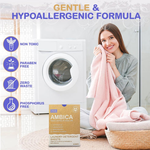 Ambica Travel Laundry Detergent Sheets, 30 Sheets, Non-Toxic, Hypoallergenic, Plant-Based, Up to 60 Loads