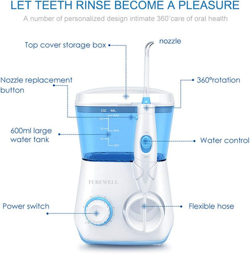 TUREWELL Water Flossing Oral Irrigator - 600ML Dental Cleaner with 10 Adjustable Pressure, 8 Tips