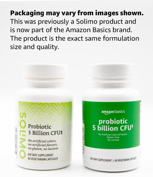 Amazon Basics Probiotic 5 Billion CFU, 60 Count Vegetarian Capsules with 8 Probiotic Strains and 60 mg Prebiotic Blend