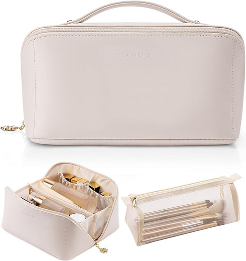 Vlando Travel Makeup Bag, White PU Leather Portable Organizer with Divider and Handle, Toiletry Bag for Women