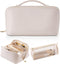 Vlando Travel Makeup Bag, White PU Leather Portable Organizer with Divider and Handle, Toiletry Bag for Women