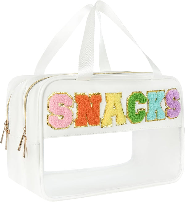 Snack Bags for Travel, Varsity Letter Pouch, Clear Toiletry Bag, Preppy Cosmetic Bag for Women, PU Leather