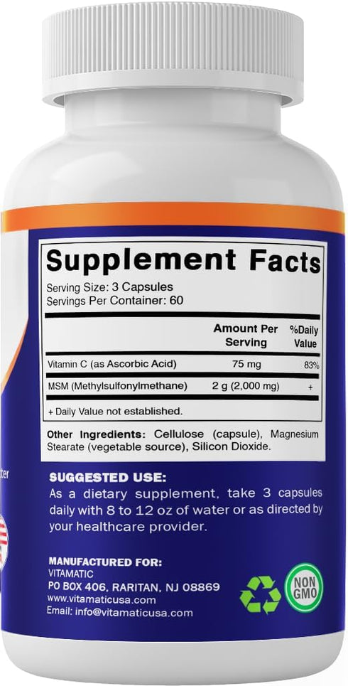 Vitamatic MSM 2000 mg with 75mg Vitamin C, 180 Veg Capsules, Non-GMO & Gluten Free