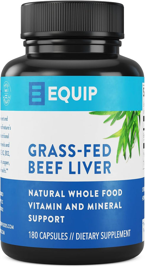 Equip Foods Grass-Fed Beef Liver - Natural Desiccated Beef Liver Supplement for Heart Health, 180 Capsules