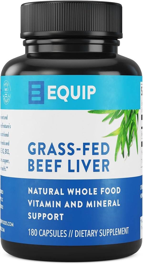 Equip Foods Grass-Fed Beef Liver - Natural Desiccated Beef Liver Supplement for Heart Health, 180 Capsules