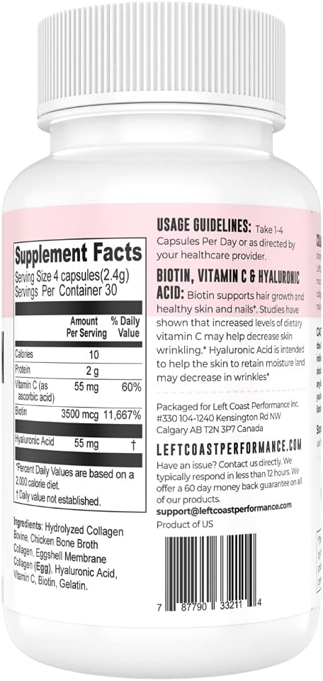 Collagen Capsules with Biotin, Hyaluronic Acid, Vitamin C - 120 Count Hydrolyzed Multi Collagen Peptide Supplement