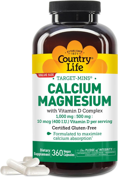 Country Life Target-Mins Calcium Magnesium with Vitamin D-Complex, 1000mg/500mg/10mcg, 360 Vegan Capsules