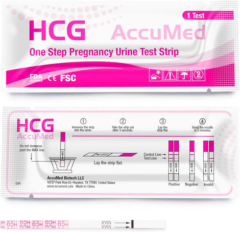 AccuMed 25-Count Pregnancy Test Strips, Individually Wrapped Early Home Detection HCG Test Kit, Clear