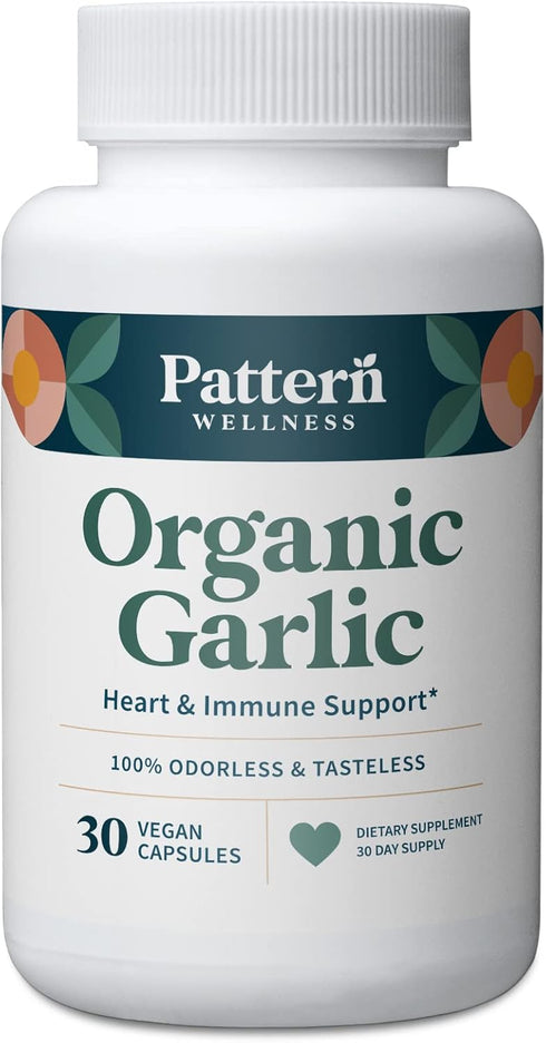Pattern Wellness Odorless Organic Garlic, 1000mg - Healthy Immune, Circulatory & Cardiovascular Support - 30 Vegan