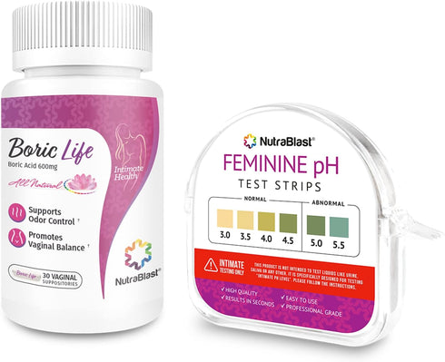 NutraBlast Boric Acid Vaginal Suppositories 600mg (30 Count) with Feminine pH Test Strips