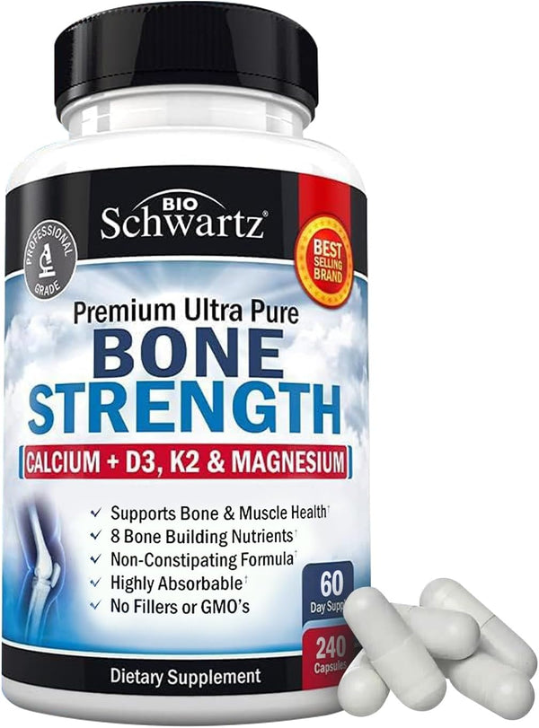 Bone Strength Supplement with Calcium, Magnesium, Vitamin D3, K2 & Zinc - 240 Veggie Capsules