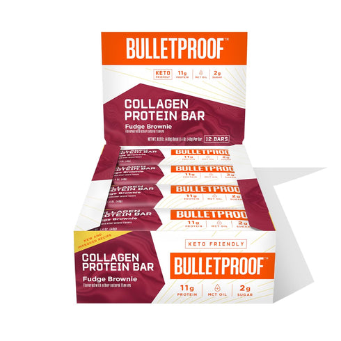 Bulletproof Fudge Brownie Collagen Protein Bars, Pack of 12, Keto-Friendly Snack with MCT Oil, No Added Sugar