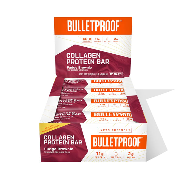 Bulletproof Fudge Brownie Collagen Protein Bars, Pack of 12, Keto-Friendly Snack with MCT Oil, No Added Sugar
