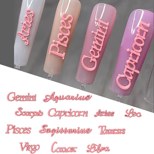 JERCLITY 24 Pieces Pink Alloy Zodiac Nail Charms, 12pcs Zodiac Signs Nail Studs, 12pcs Constellation Words Nail Charms