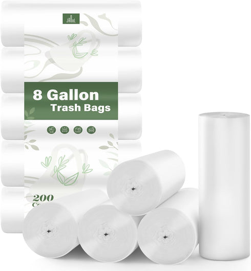 Jaoul Small Trash Bags - White, Unscented Thick Garbage Bags for Bathroom, Office, Kitchen, 8 Gallon, 200PCS