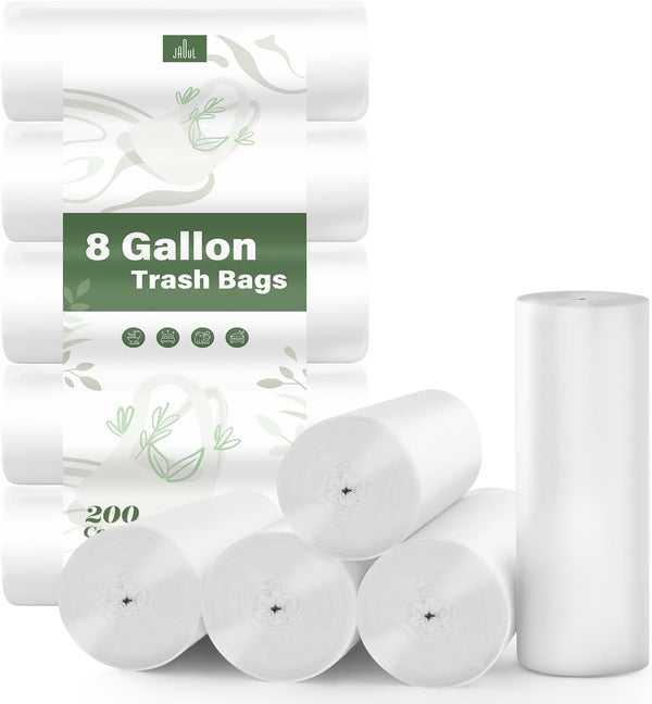 Jaoul Small Trash Bags - White, Unscented Thick Garbage Bags for Bathroom, Office, Kitchen, 8 Gallon, 200PCS