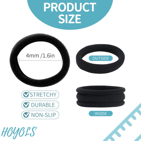HOYOLS Cotton Hair Ties, 1.6 Inch Soft & Stretch Large Hair Bands, Nylon Fabric Ponytail Holder, 50 Pcs (Black)