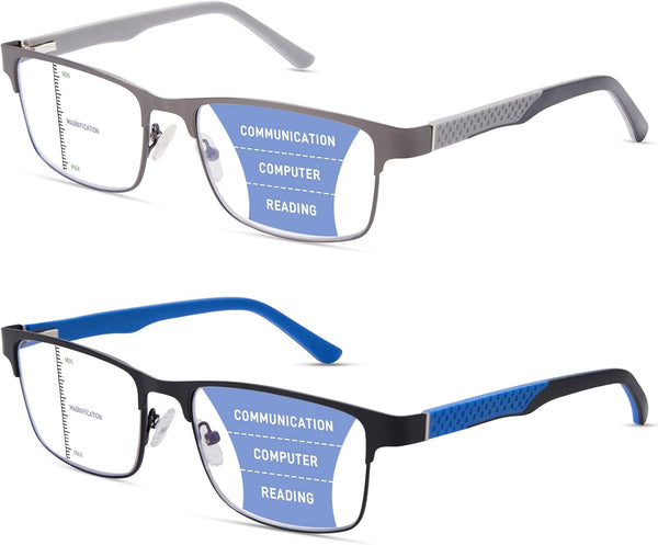 ZERPEET 2 Pack Men's Progressive Multifocal Reading Glasses,Rectangle Metal Frame with Spring Hinge