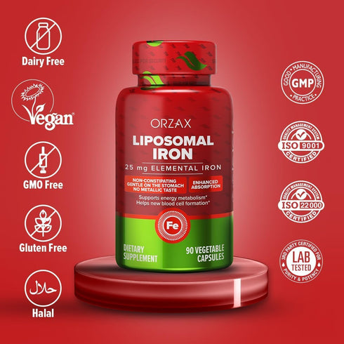 ORZAX Iron Supplement 25 mg - Liposomal Technology, 90 Vegetable Capsules for Women, Men, Adults, Non-GMO
