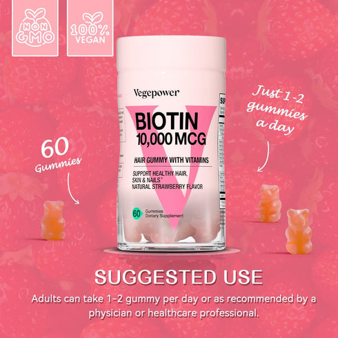 Biotin Gummies 10000mcg Supplements - Vegan Hair Growth Gummy with Vitamin C, A, D, B-Complex, Folate, Zinc for Women &