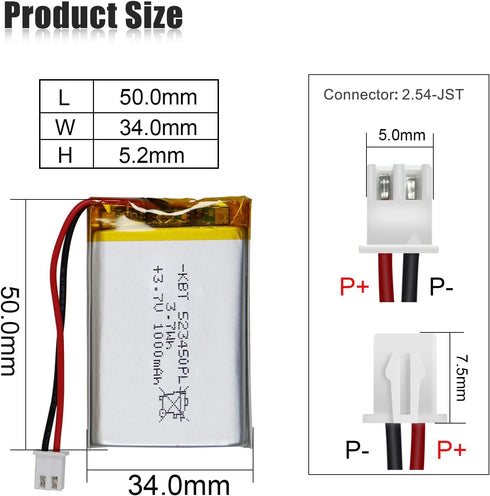 KBT 3.7V 1000mAh Li-Polymer Battery: 523450 Lipo Rechargeable Lithium-ion Replacement Batteries with PH 2.54 JST Connector, PH1.25/2.0 JST Connector for Replacement