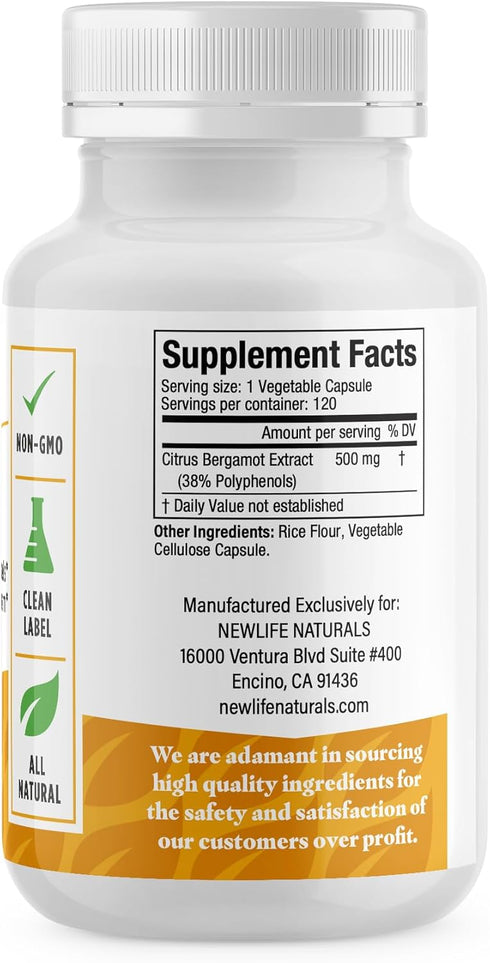 NewLife Naturals Citrus Bergamot Supplements 500 MG for Cholesterol Support - 120 Veggie Capsules