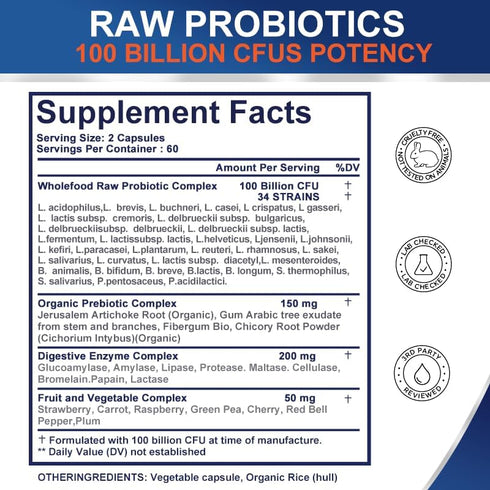 Probiotics 100 Billion CFU - 34 Strains + Organic Prebiotics Complex + Digestive Enzyme Complex + Fruit & Veggie Complex, Ultimate Gut Health Support! 120 Softgels, 60 Day Supply