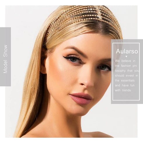 Layered Head Chain - Rhinestone Hair Jewelry Gold Elastic Headpiece for Wedding, Crystal Prom Party Halloween for Women