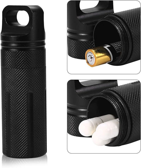 Keychain Container, Waterproof Airtight Pill Storage Case for Men and Women, Outdoor Travel Camping Tool (Black)