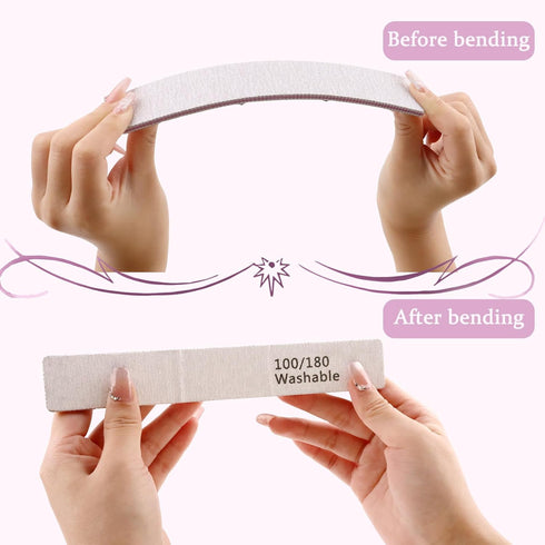 Nail File 12 PCS Professional Reusable 100/180 Grit Washable Tools for Poly Nail Extension Gel and Acrylic