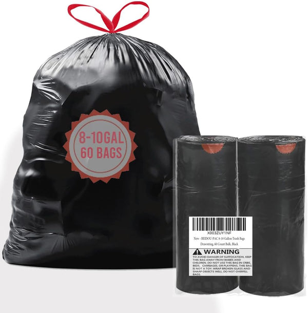 8-10 Gallon Trash Bags, Drawstring, 60 Count Bulk, Black & Unscented Multi-purpose Garbage Bags for Home, Commercial