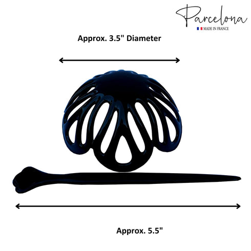 Parcelona Black French Radial Celluloid Hair Slide Pin, 3.5" Bun Cover Ponytail Holder for Women, Made in France