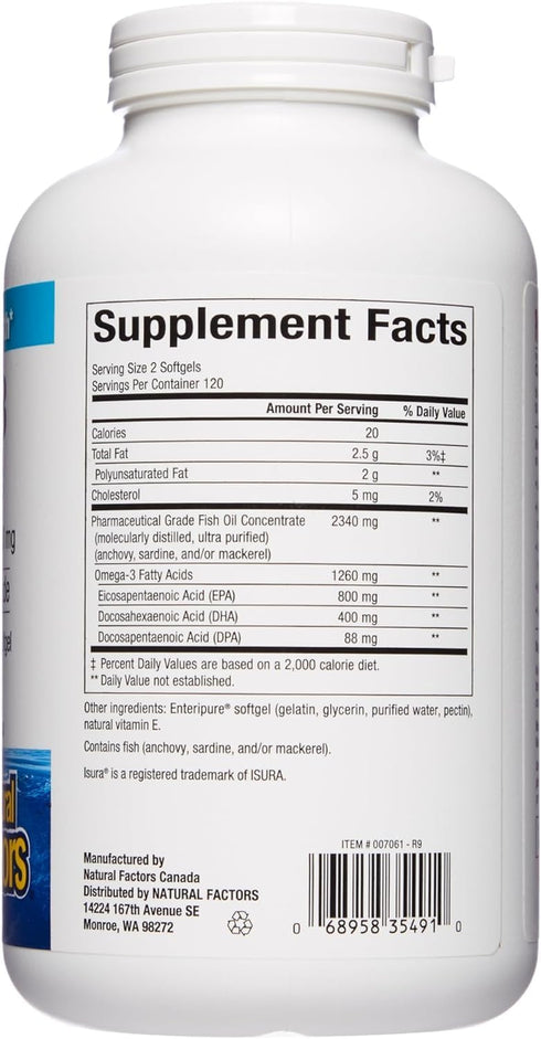 Natural Factors RxOmega-3 Fish Oil, 1260 mg Omega-3, Pharmaceutical Grade, 240 Count, No Fishy Aftertaste