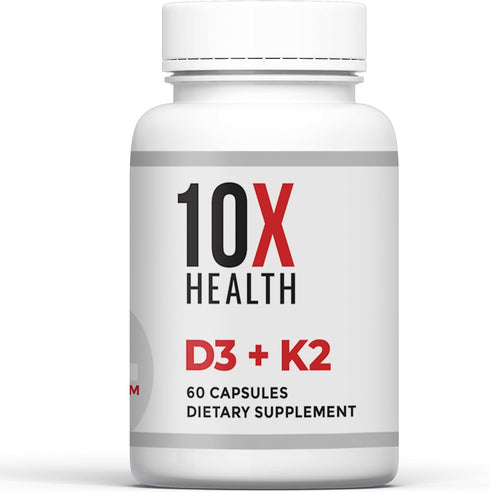 10X Health Vitamin D3 K2 - 125 mcg Vitamin D and 90 mcg Vitamin K Supplements for Bone Health, 60 Capsules