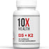 10X Health Vitamin D3 K2 - 125 mcg Vitamin D and 90 mcg Vitamin K Supplements for Bone Health, 60 Capsules