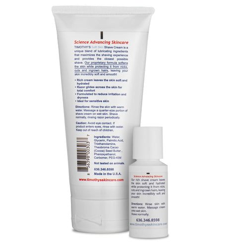 Timothy's Unscented Shave Cream 6 ounce + 1 ounce travel size. Alcohol Free, Paraben Free, Fragrance Free, SLS Free, Slick and Moisturizing, Dermatology approved for Sensitive Skin