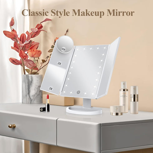 Makeup Mirror Vanity Mirror with Lights, 2X 3X 10X Magnification, Lighted Makeup Mirror, Touch Control, Trifold Makeup Mirror, Dual Power Supply, Portable LED Makeup Mirror, Women Gift (White) by HUONUL