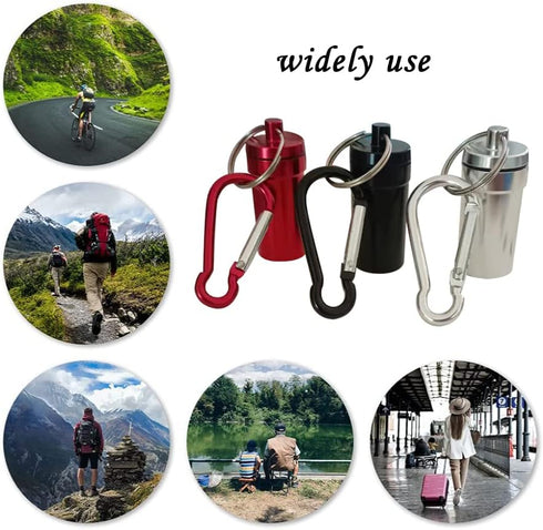 Aluminum Pill Box Keychain with Carabiner, Waterproof Metal Container for Travel, Camping (Black, Red, Silver)