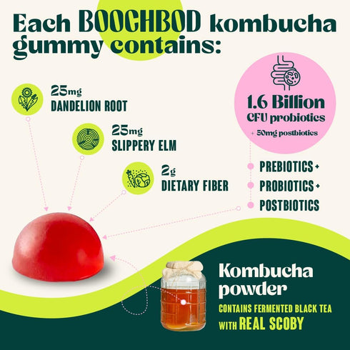 Gummy BoochBod - Probiotic Kombucha - Prebiotics, Probiotics, Postbiotics, Fiber Supplement, Slippery Elm, Dandelion